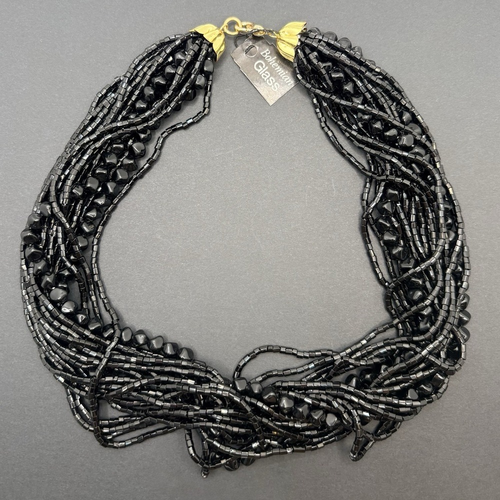Vintage Bohemian Glass Multi Strand Necklace Black Seed & Faceted Beaded NEW 18"